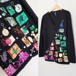 Berek Christmas Ornament Sequins Embellished VNeck Cardigan Ramie Cotton Black M